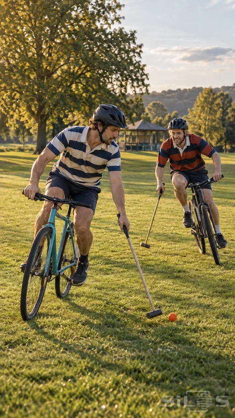 Bicycle polo with two helmeted riders in striped shirts steering toward an orange ball with long mallets on grass.