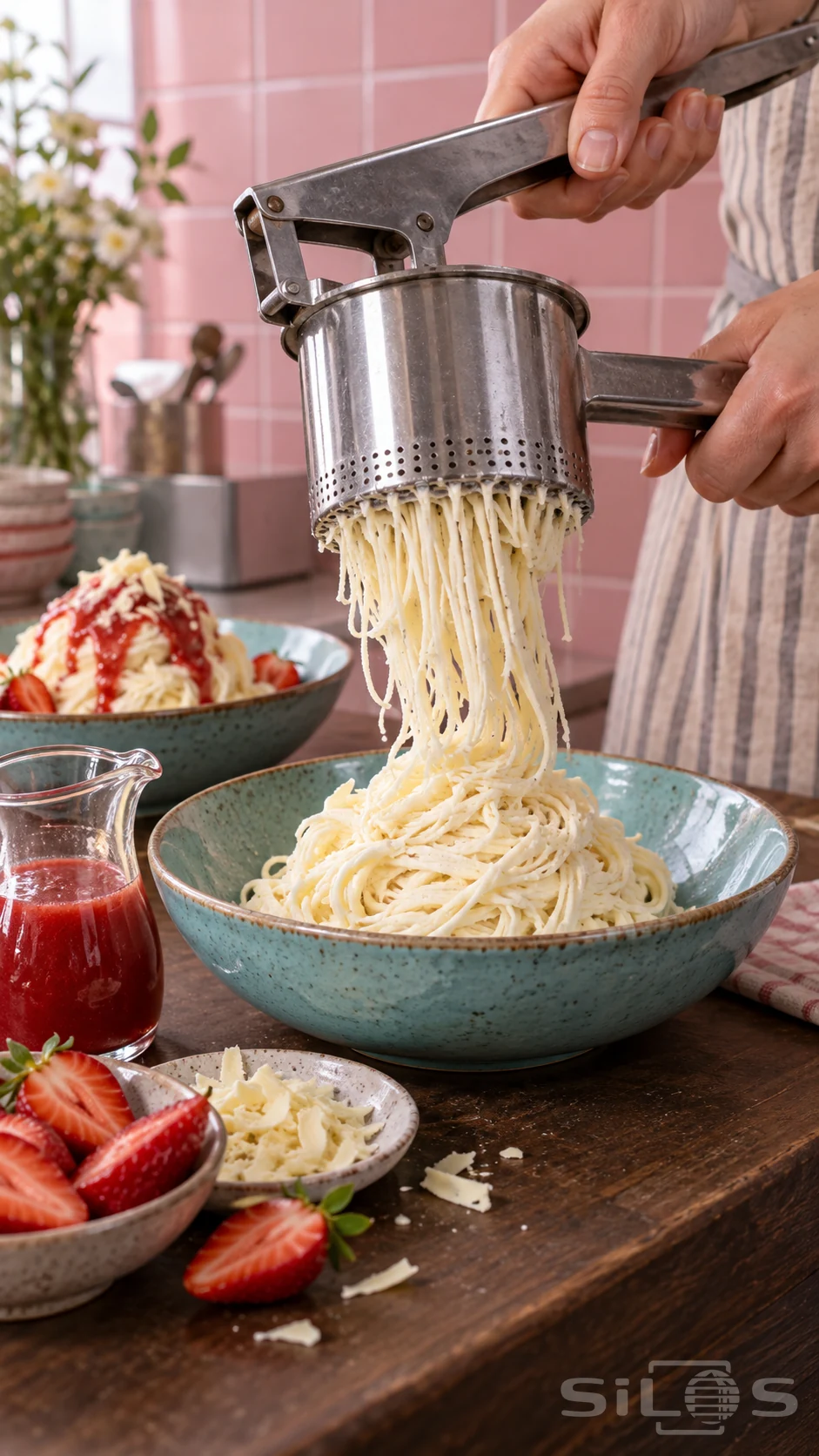 Spaghetti ice cream emerges from a steel press into a turquoise ceramic bowl beside strawberry sauce and white chocolate shavings.