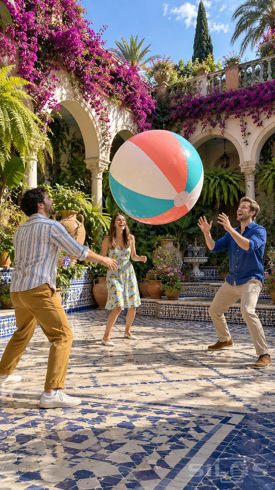 Three adult friends follow a giant beach ball through the air during a garden game in a tiled courtyard covered with flowering vines.