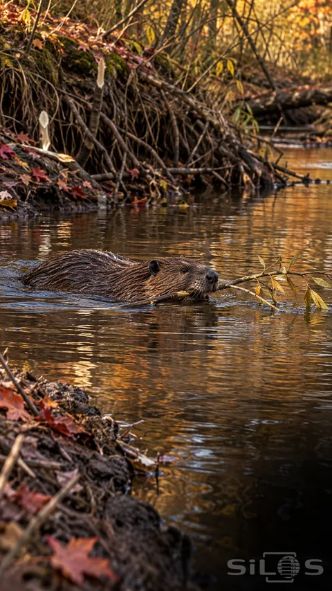 A brown beaver swims across a stream holding a leafy willow branch in its mouth; with ripples spreading behind it.
