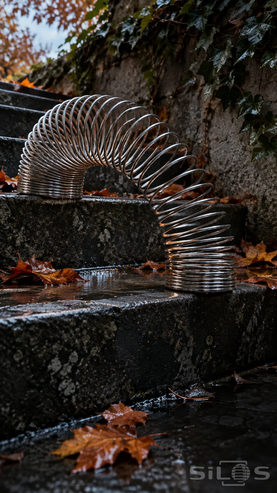 Giant steel spring arched between two wet garden steps, with compressed ends, russet leaves, ivy and a shallow puddle.