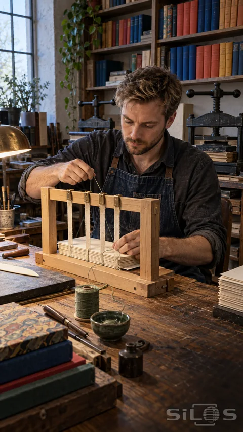A man in an indigo apron sews folded pages on a wooden bookbinding frame beside shelves of colorful clothbound books.