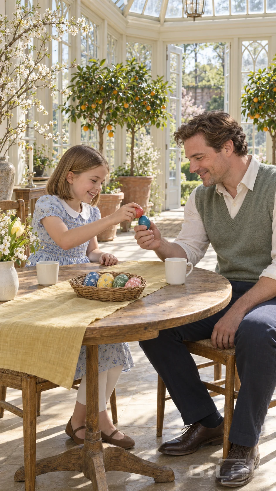 A father and daughter play egg tapping in a spring orangery as their blue and red eggs approach above a table with a wicker bowl.