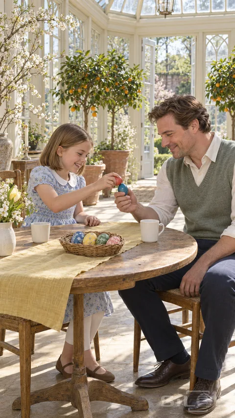 A father and daughter play egg tapping in a spring orangery as their blue and red eggs approach above a table with a wicker bowl.