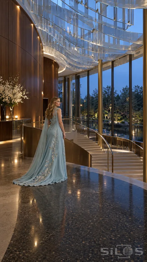 A woman in an aqua gown with silver leaf embroidery stands beside a curved stair beneath suspended glass waves.