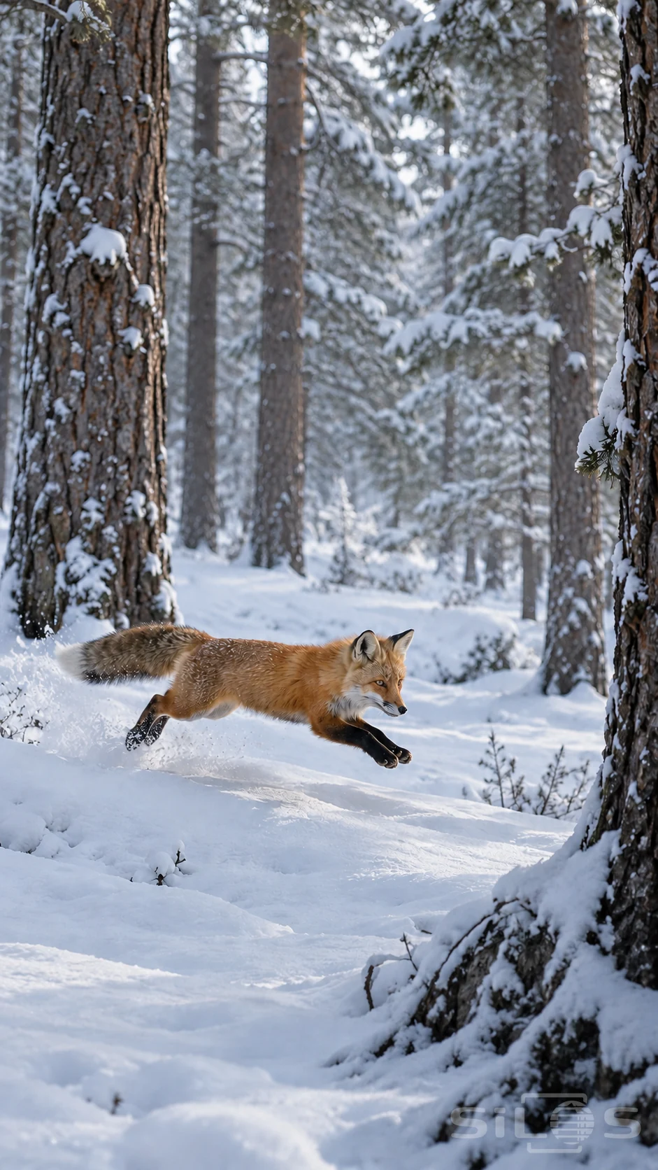 A red fox clears a snowbank in a low leap between tall snow-coated pines in a blue-white winter woodland.