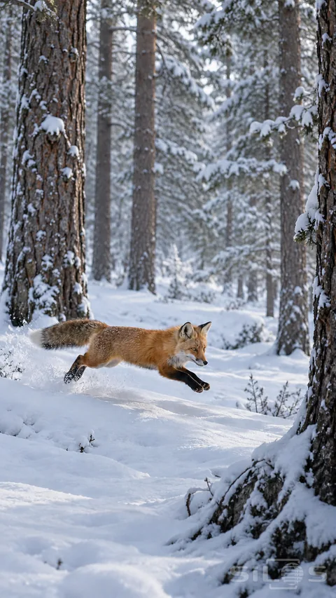 A red fox clears a snowbank in a low leap between tall snow-coated pines in a blue-white winter woodland.