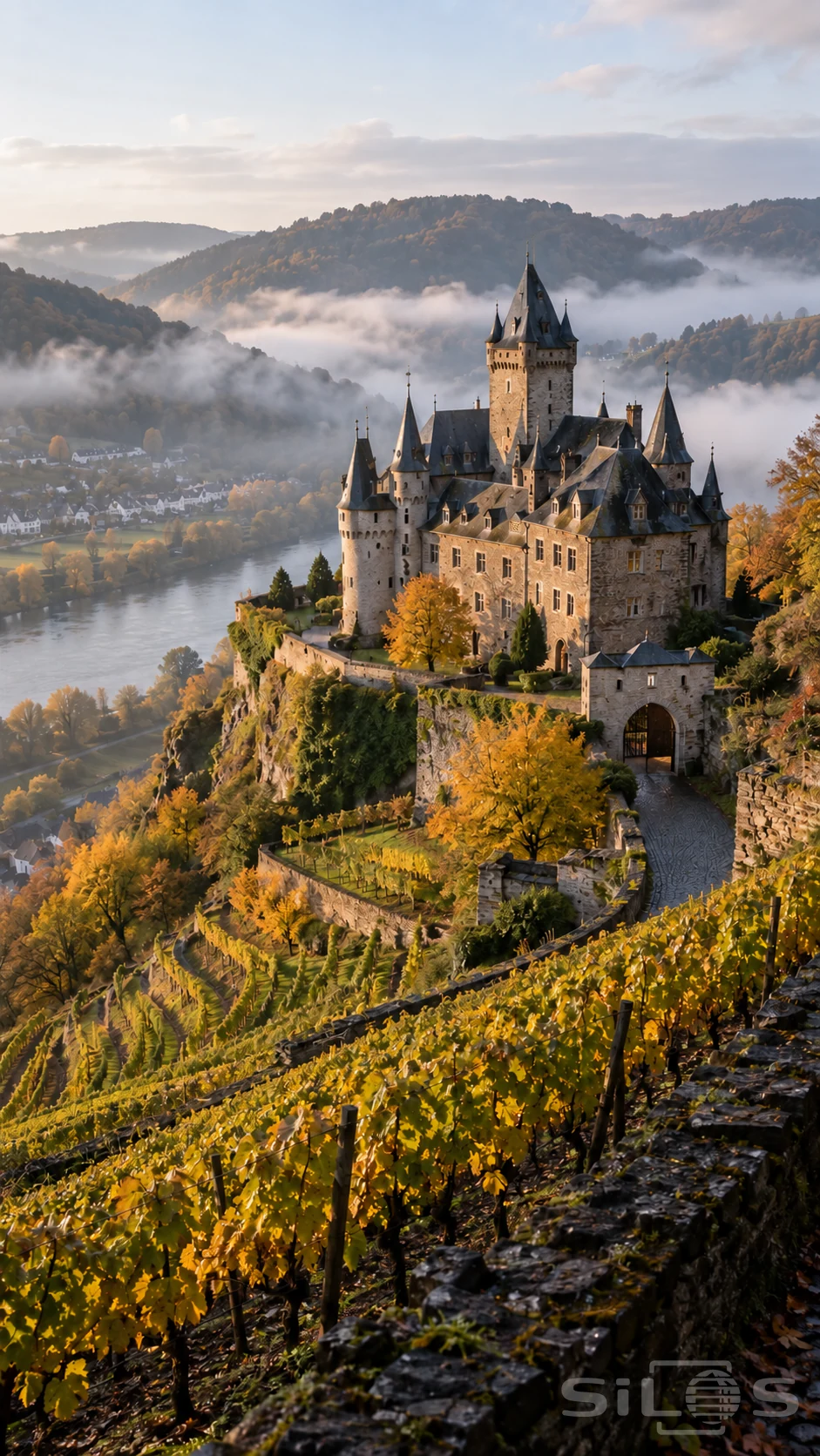 A vineyard castle stands above a river valley filled with morning mist.