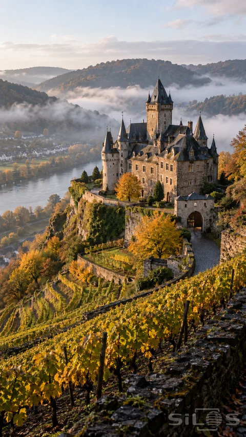 A vineyard castle stands above a river valley filled with morning mist.