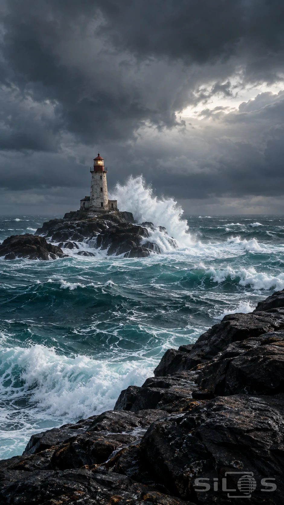 Waves break below the lighthouse on a dark rocky islet, with white spray, teal water and heavy gray clouds.