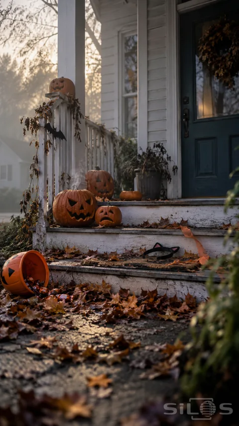 Unlit carved pumpkins and a tipped sweet bucket sit on damp white porch steps beneath a blue door in misty morning light.