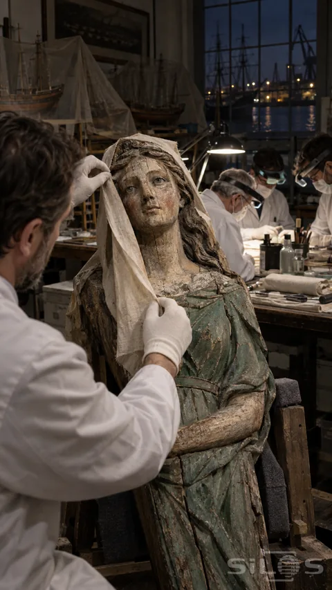 Gloved conservator unwraps an aged painted wooden female ship figurehead; with model ships and a dark harbour behind.