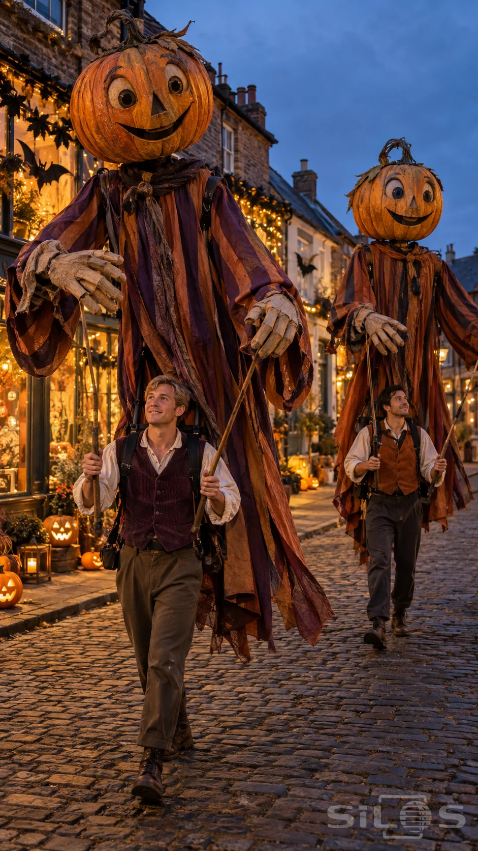 Two giant pumpkin puppets carried by adult operators with rods and harnesses along a decorated Halloween lane at dusk.