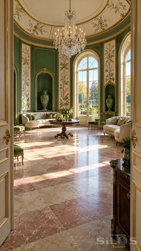 Emerald drawing room with ivory botanical panels; crystal chandelier; cream sofas; rose marble floor and tall garden windows.