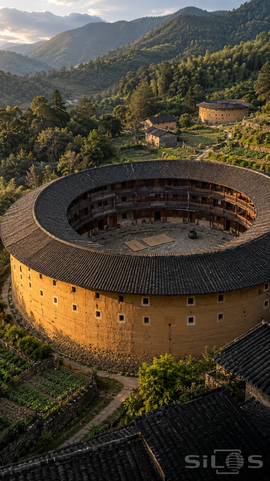 Round earth houses with ochre walls and gray tiled roofs stand among green hills, with timber galleries around the nearest open courtyard.