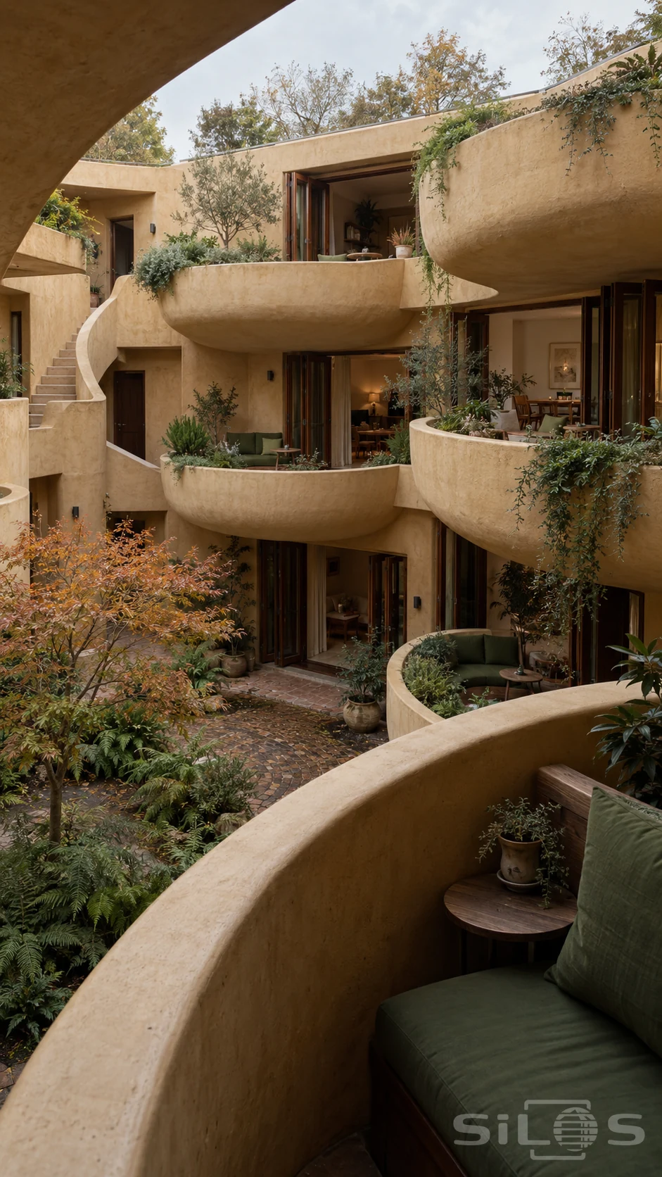 Ochre bowl-shaped balconies with green seats and trailing plants overlook a brick courtyard and an orange-leaved maple.