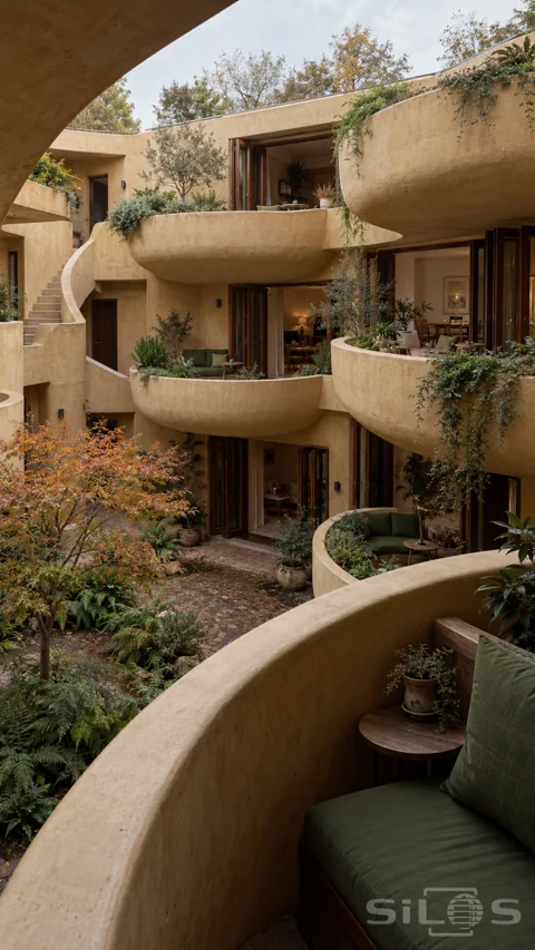 Ochre bowl-shaped balconies with green seats and trailing plants overlook a brick courtyard and an orange-leaved maple.