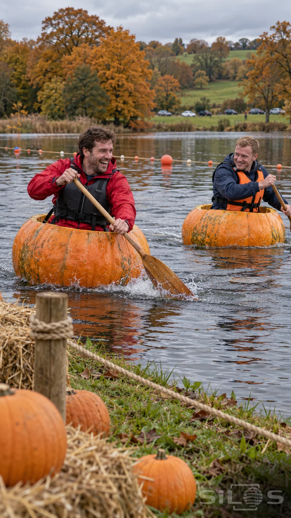 Two men in buoyancy vests race giant pumpkin boats with wooden paddles during a pumpkin regatta on an autumn lake.