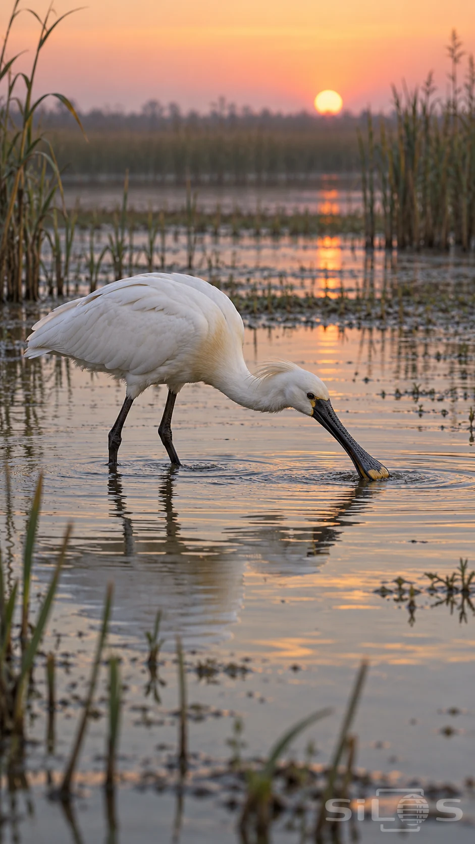 Spoonbill feeding in dawn shallows with its broad bill touching the water and a broken reflection beneath white feathers.
