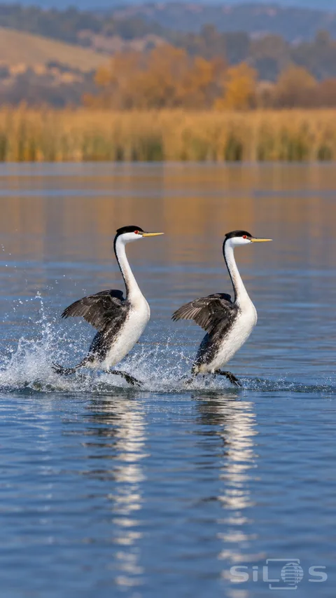 Two western grebes run across a blue lake with raised necks and partly spread wings beneath a soft band of golden reeds.