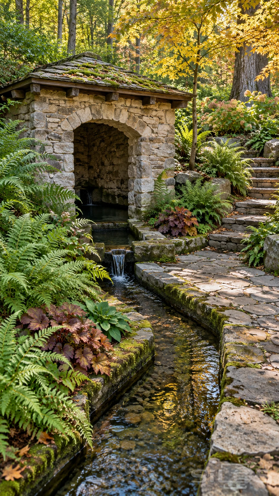 A stone springhouse feeds a clear rill through a fern garden beside mossy stone steps and golden autumn leaves.
