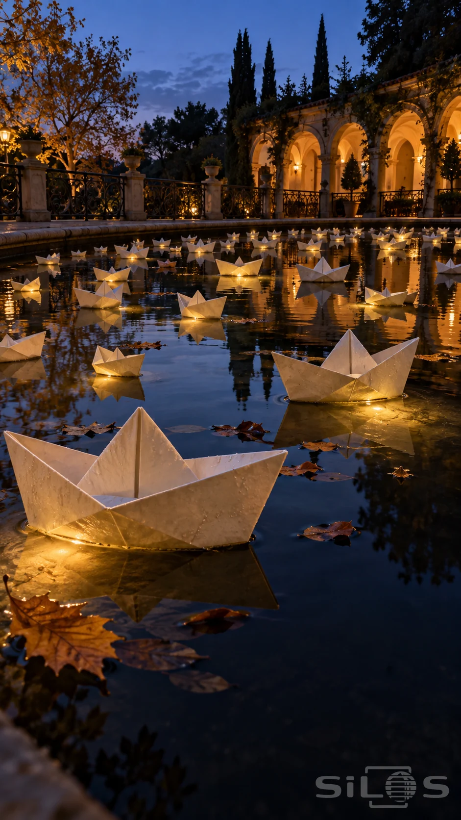 Blank ivory paper boats float on a dark courtyard fountain beneath warm garden lights at blue hour.