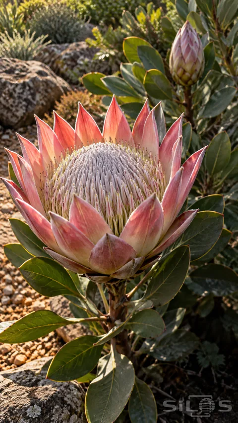 A king protea with pointed pink bracts and a dense pale flower head grows among leathery green leaves beside a closed bud.