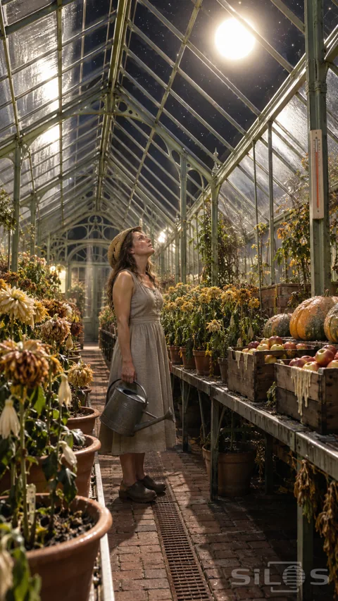 A woman holds a watering can beneath a white sun in a black sky inside a greenhouse filled with wilting flowers.