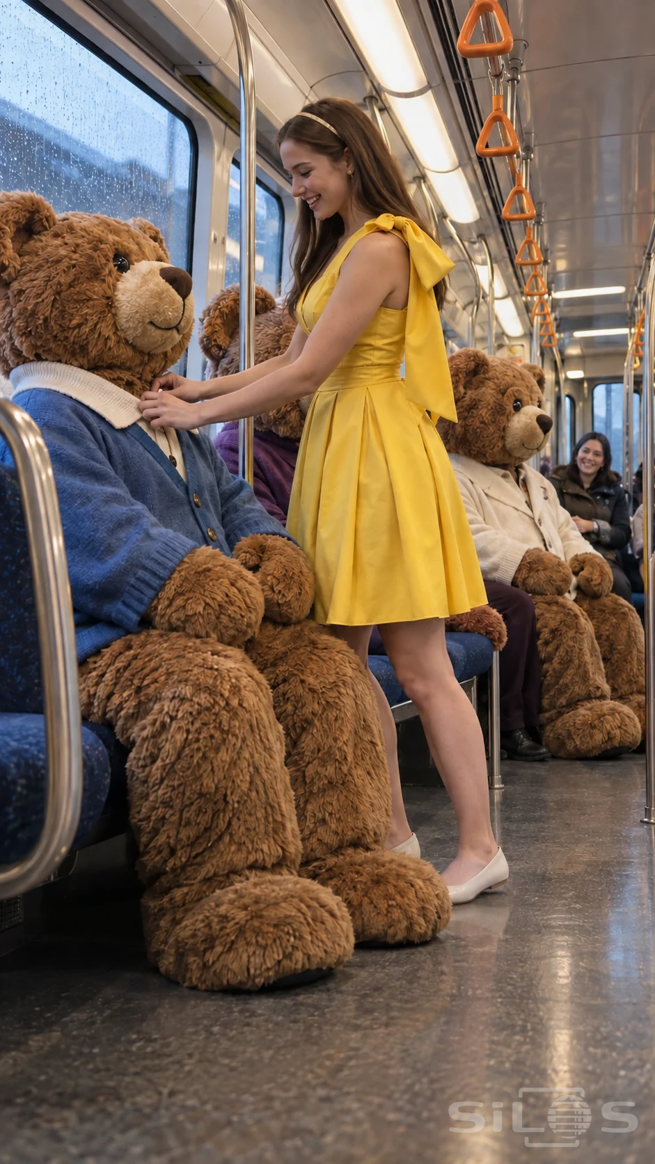 A woman in a yellow bow dress adjusts a teddy bear costume's collar on a train, with two more bears seated nearby.
