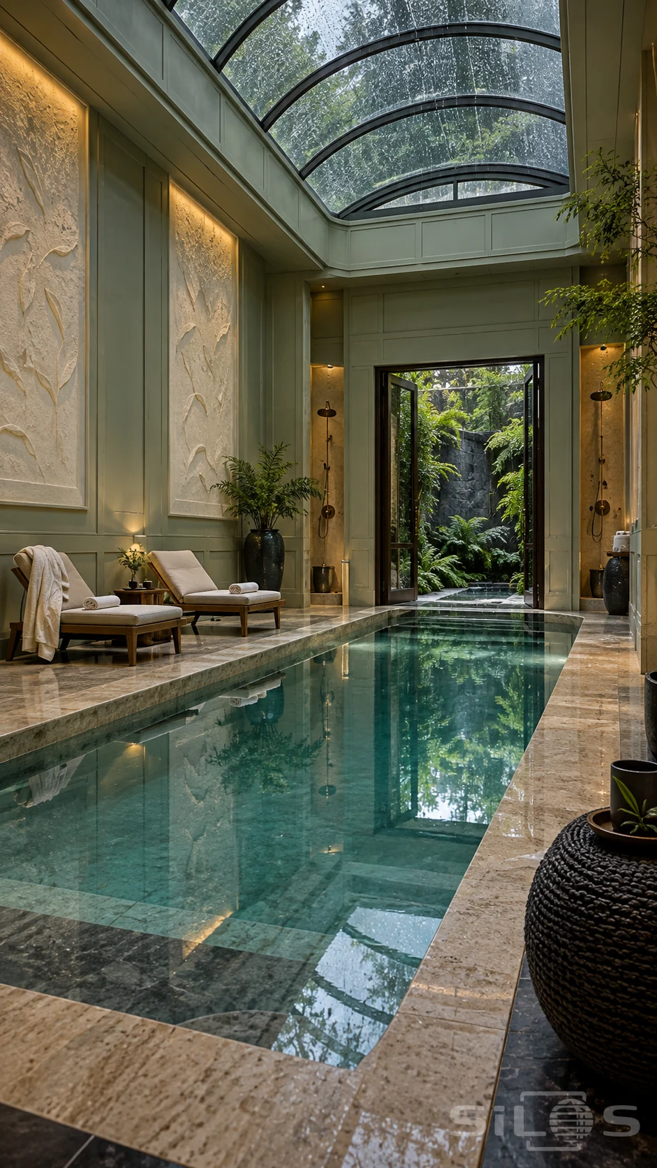 Celadon plunge spa with a narrow pool, curved glass roof, pale lounge chairs and an open doorway leading to ferns.