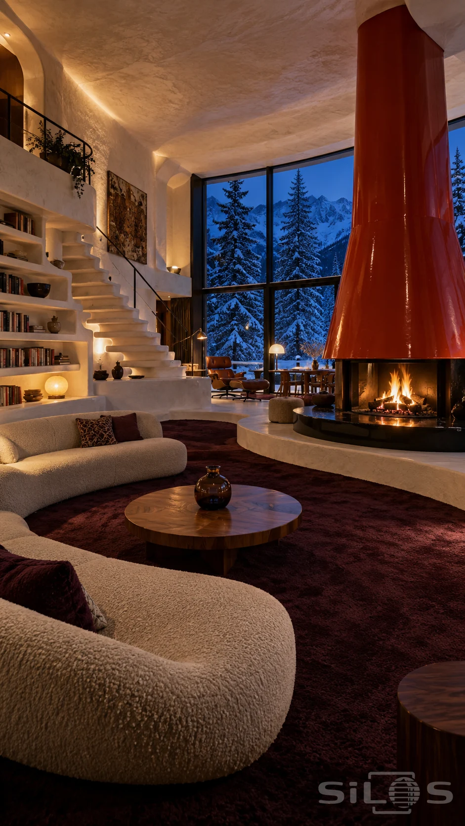 Sculptural lounge with a huge coral-red fireplace, curved cream sofas, plum carpet, white built-in stairs and snowy mountain windows.