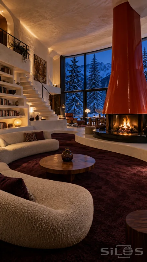 Sculptural lounge with a huge coral-red fireplace; curved cream sofas; plum carpet; white built-in stairs and snowy mountain windows.