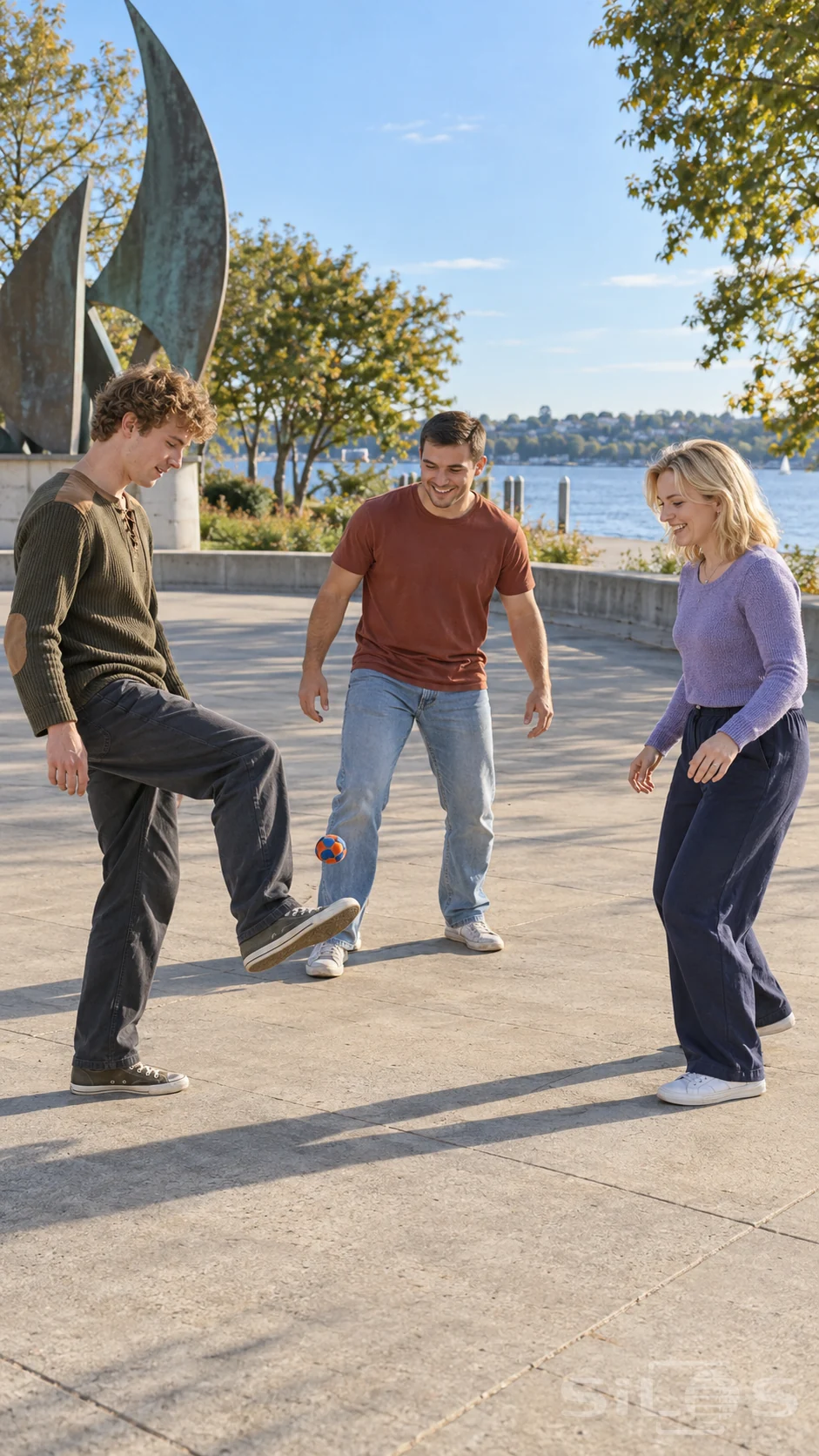 Three friends watch a small orange and blue footbag rise above a raised shoe in a sunny waterfront plaza.