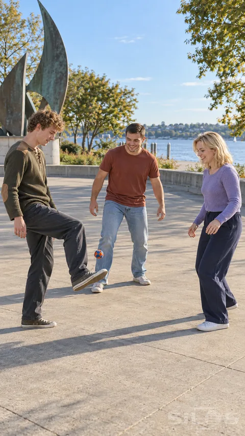 Three friends watch a small orange and blue footbag rise above a raised shoe in a sunny waterfront plaza.