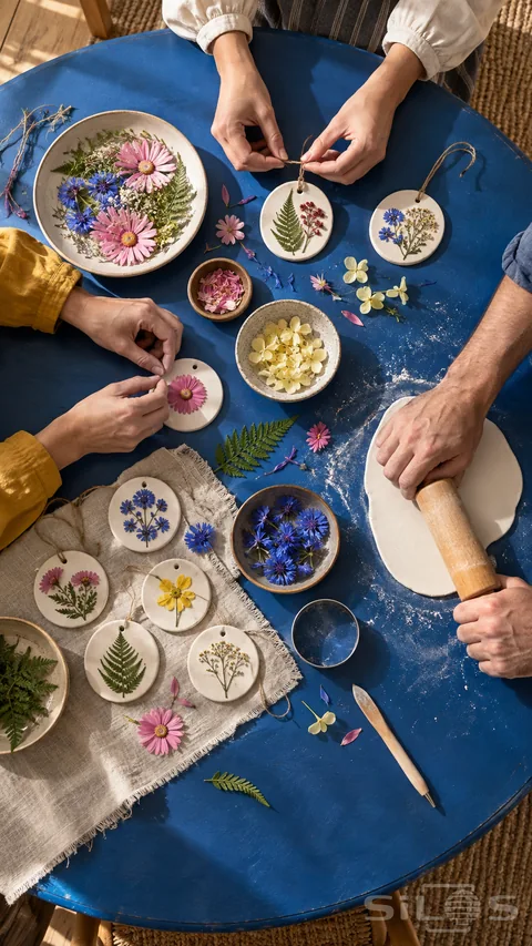 Hands arrange pressed flower clay ornaments on a blue table beside ferns; cornflowers; a rolling pin and twine.