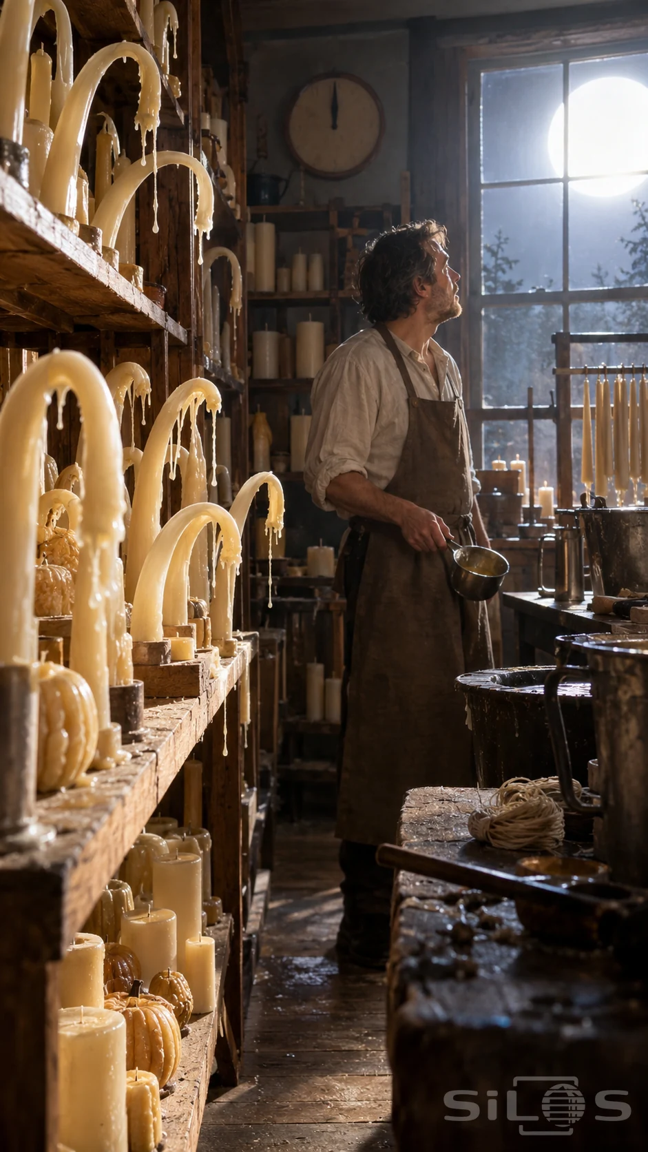 Rows of ivory candles bend and drip in a chandlery while a candle-maker with a ladle stares toward a glaring white disc outside.