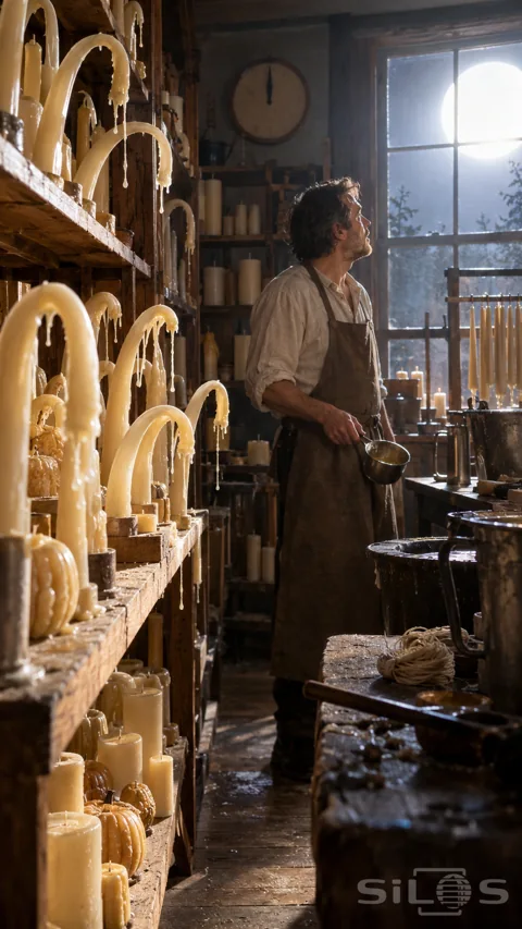 Rows of ivory candles bend and drip in a chandlery while a candle-maker with a ladle stares toward a glaring white disc outside.