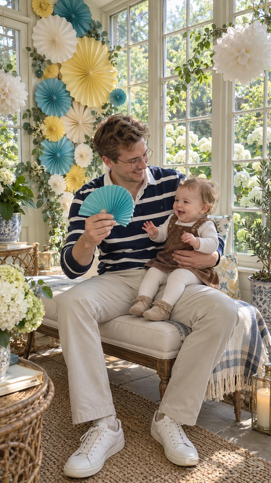A paper fan brings a baby laugh as her father supports her on his lap in a bright flowered sunroom with turquoise and yellow decorations.