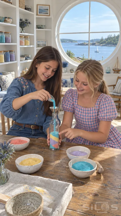Two girls pour colored sand into sand bottle layers at a wooden table beside a round window overlooking the bay.