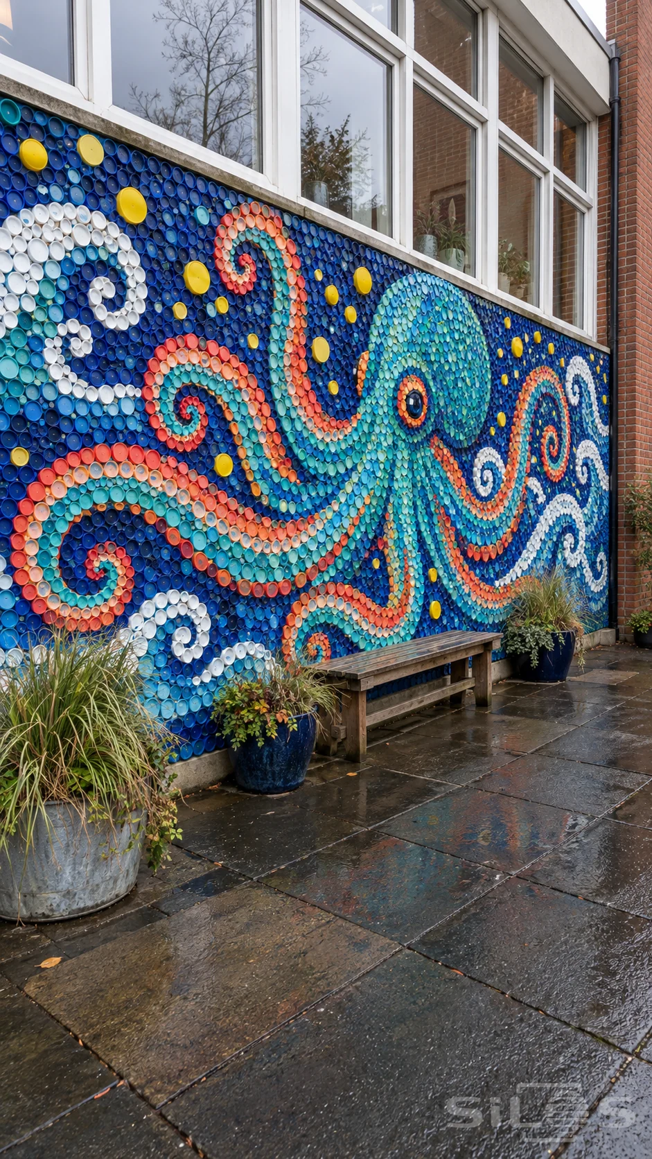 Bottle cap mural showing a colorful octopus on a courtyard wall above wet paving, a bench and planted grasses.