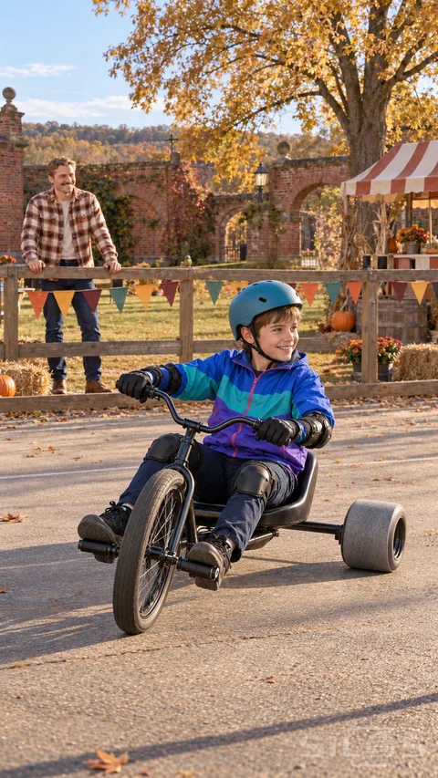 A helmeted boy rides a drift trike across an autumn brick courtyard while his father smiles behind a decorated wooden rail.