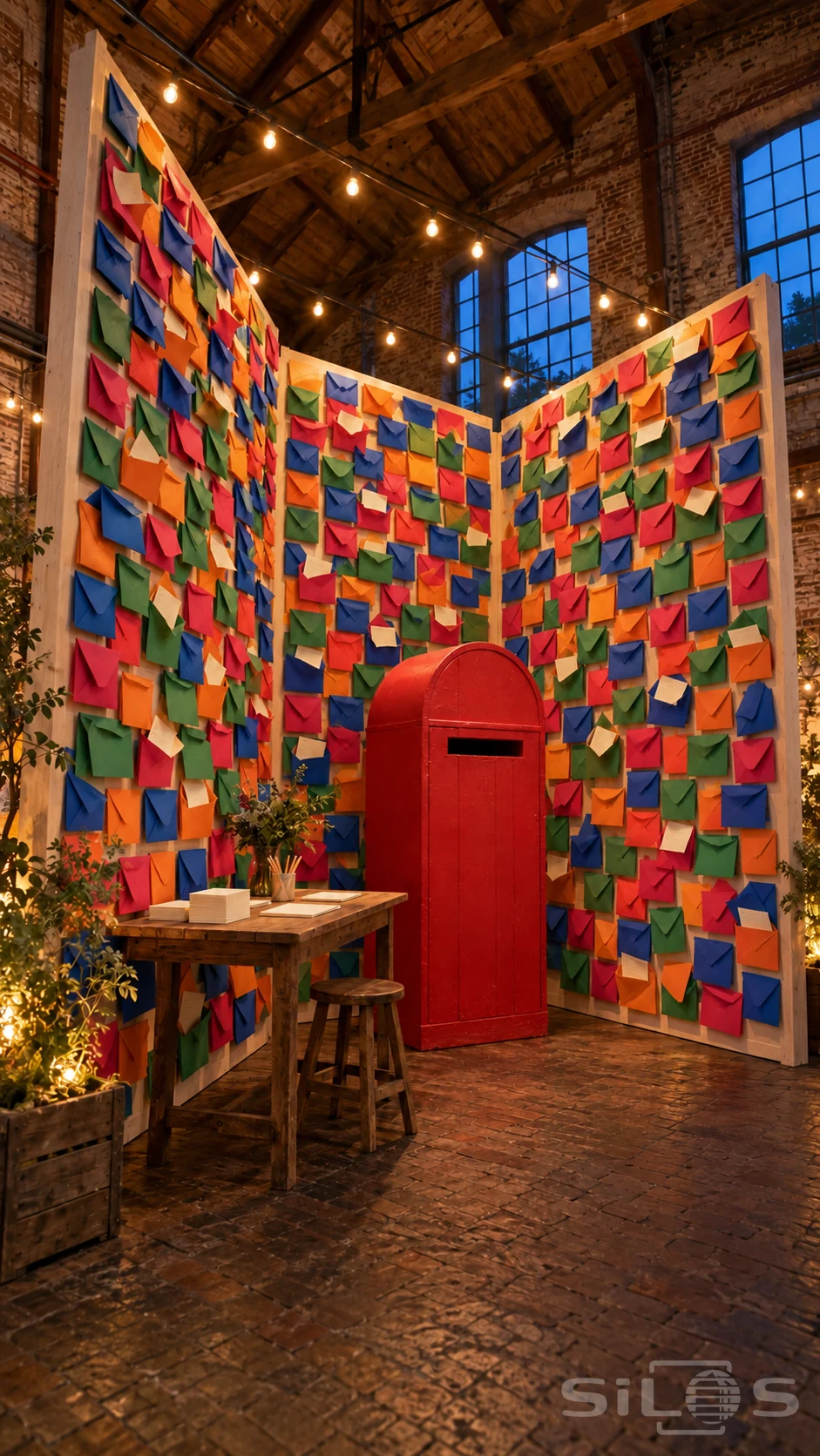 A tall envelope wall surrounds a red postbox and writing table beneath warm lights in a brick hall.