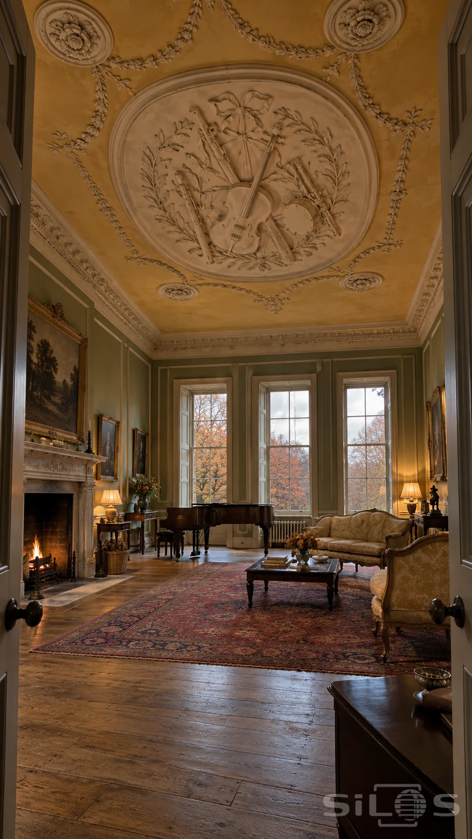 Ivory musical instrument relief on an ochre ceiling above a piano and gold sofas in a sage green room