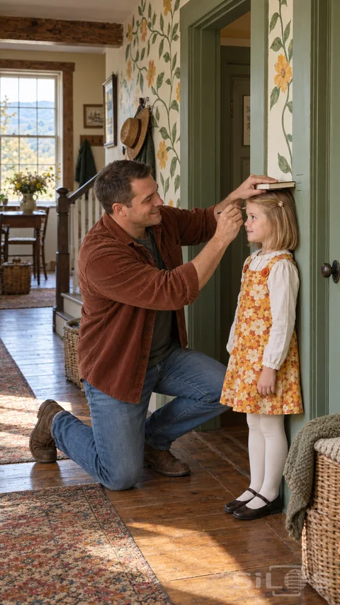 A father holds a book above his daughter's head beside a height mark on the green doorway with painted vines climbing the hall.