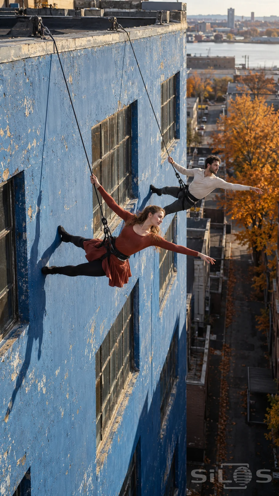 An aerial wall dance with two adult performers supported by visible ropes as they step across a weathered blue warehouse wall.