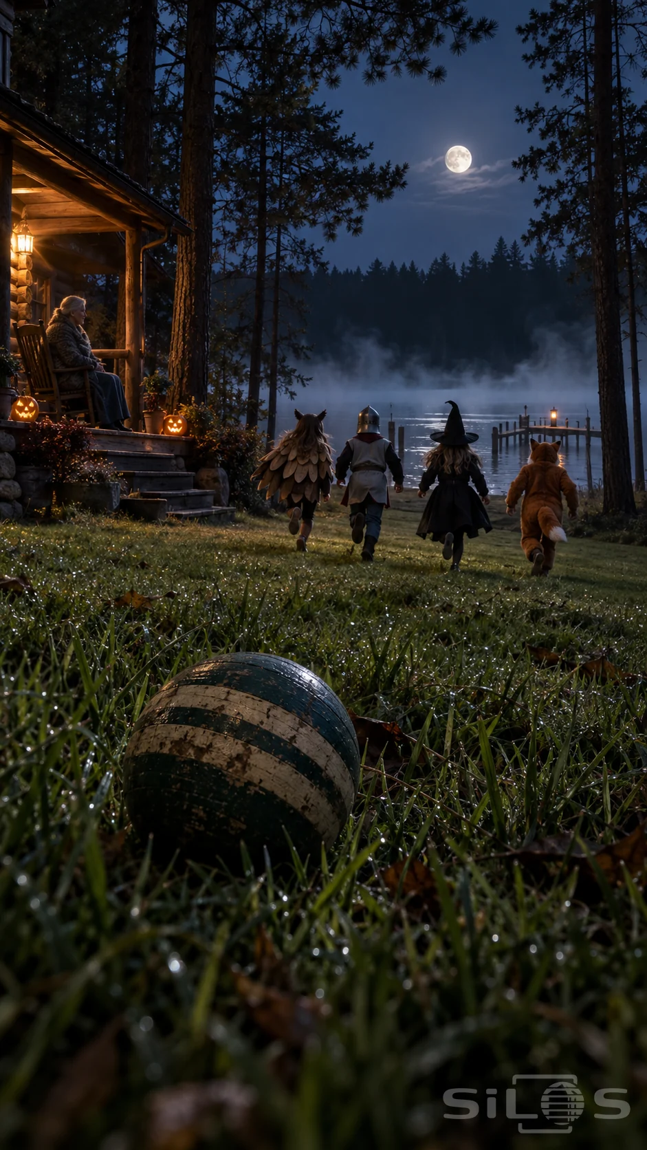 Worn striped croquet ball in dew-covered grass, four costumed children running toward a misty lake, and an elderly woman on a lit veranda.