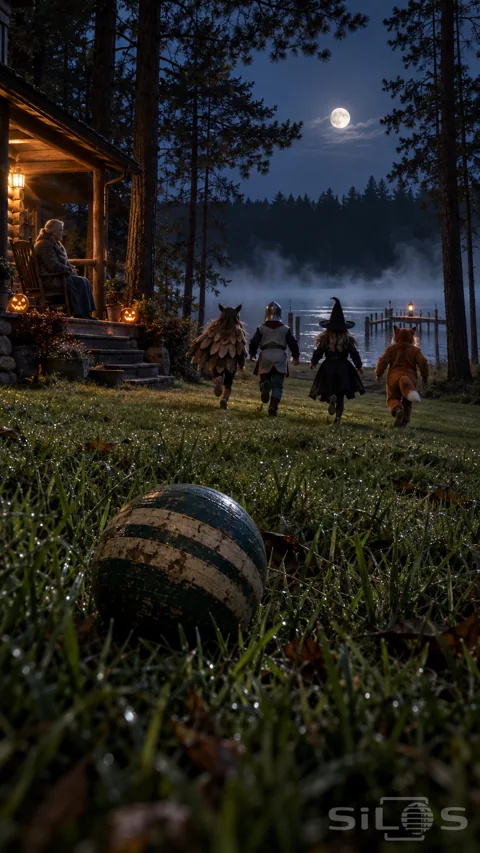 Worn striped croquet ball in dew-covered grass; four costumed children running toward a misty lake; and an elderly woman on a lit veranda.