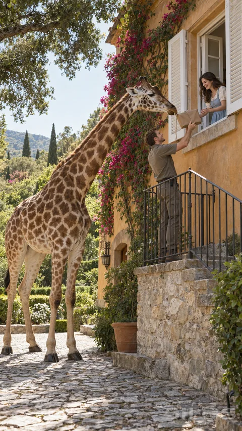 Giraffe interrupting a parcel delivery between a courier on a stair landing and a woman at an upstairs window.