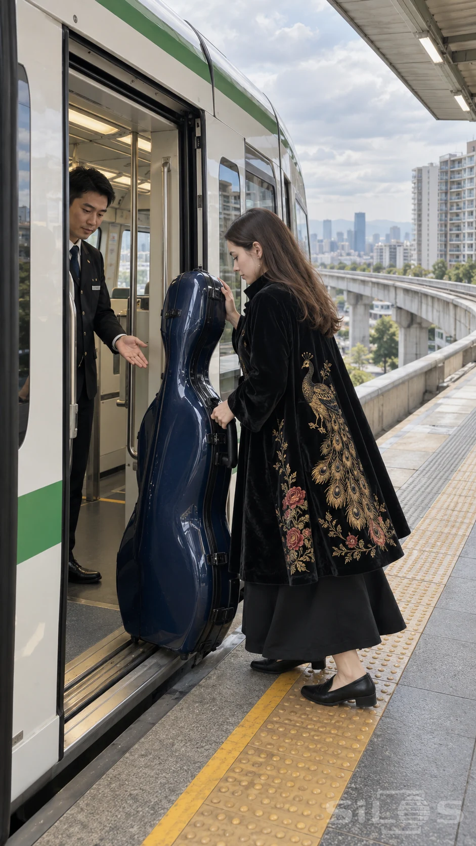 A musician in an embroidered coat turns a blue cello case through open monorail doors, its base supported at the platform sill.