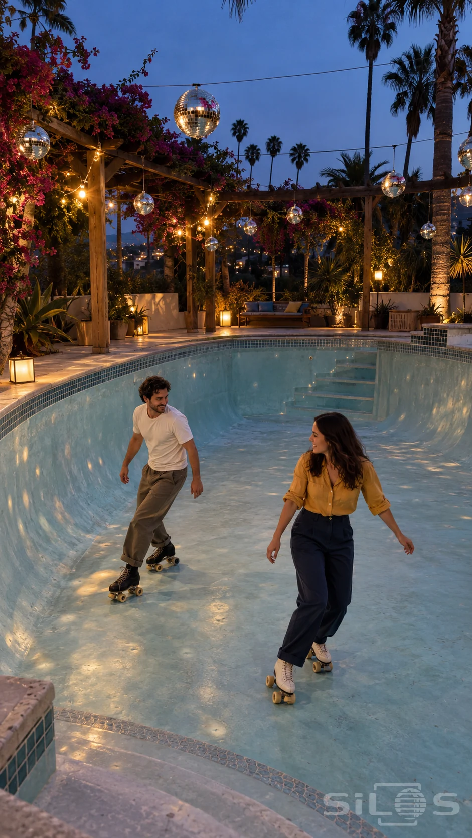 Two adult friends on roller skates turn across a dry blue swimming pool beneath suspended mirror balls and a twilight sky.